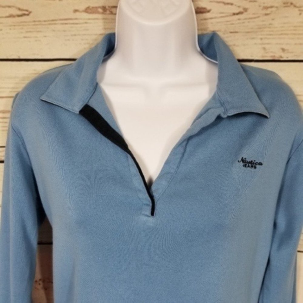 Nautica Jeans Womens Blue V-neck Collared Polo Shirt Long Sleeve Size M - Picture 2 of 5
